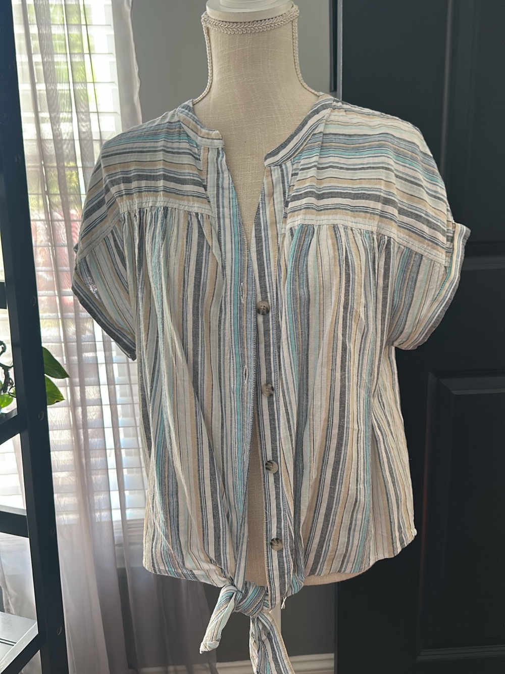 Striped Tie-Front Button-Up Women’s Top - Blue & Beige